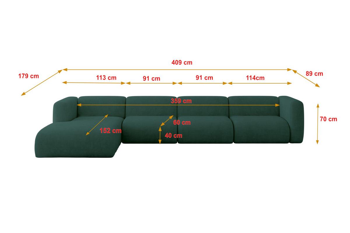 ECKSOFA Ottomane Links MIRA-L3 409x179x70 Grün Velours - Dunkelgrün/Schwarz, Holzwerkstoff/Kunststoff (409/179cm) - ALTDECOR