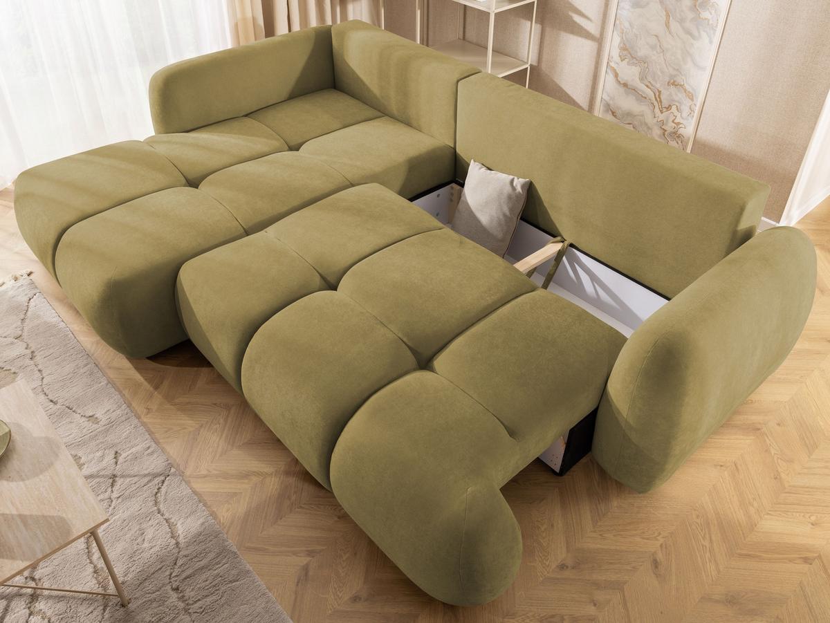 ECKSOFA Loretto aus natürlichem Grün Webstoff mit Schlaffunktion, Bettkasten und tiefen Steppungen in Bubble-Optik - Schwarz/Grün, Holz/Kunststoff (180/275cm) - S-Style