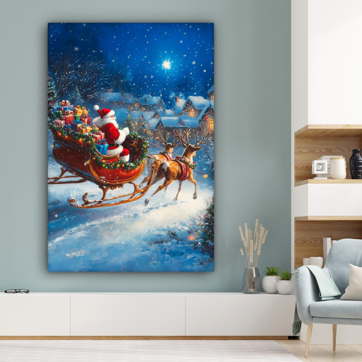 LEINWANDBILD Weihnachtsmann - Rentier - Weihnachten - Schnee Deko Groß 90x140 cm - Cognac, Textil (90/140cm) - MuchoWow