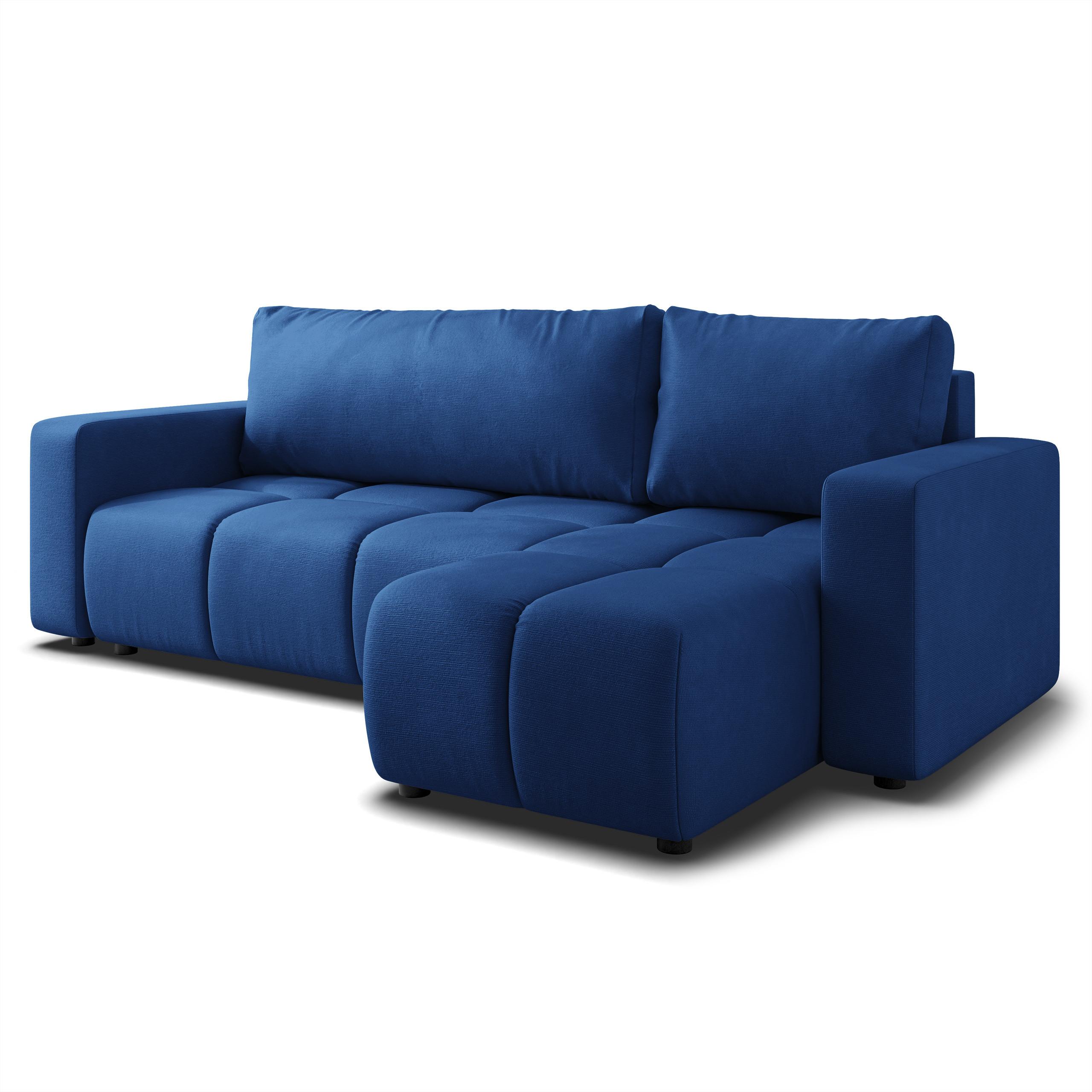 ECKSOFA RAMIL Blau Plüsch-Stoff mit Schlaffunktion - Blau, Holz (240/149cm) - MASSENO