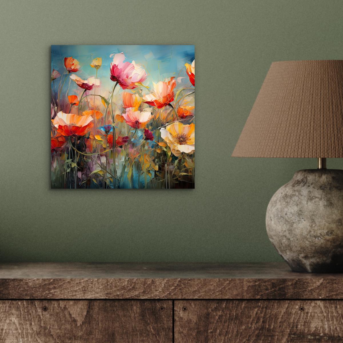 METALLBILD Blumen - Aquarell - Kunst - Botanisch - Natur 20x20 cm - Orange, Metall (20/20cm) - MuchoWow