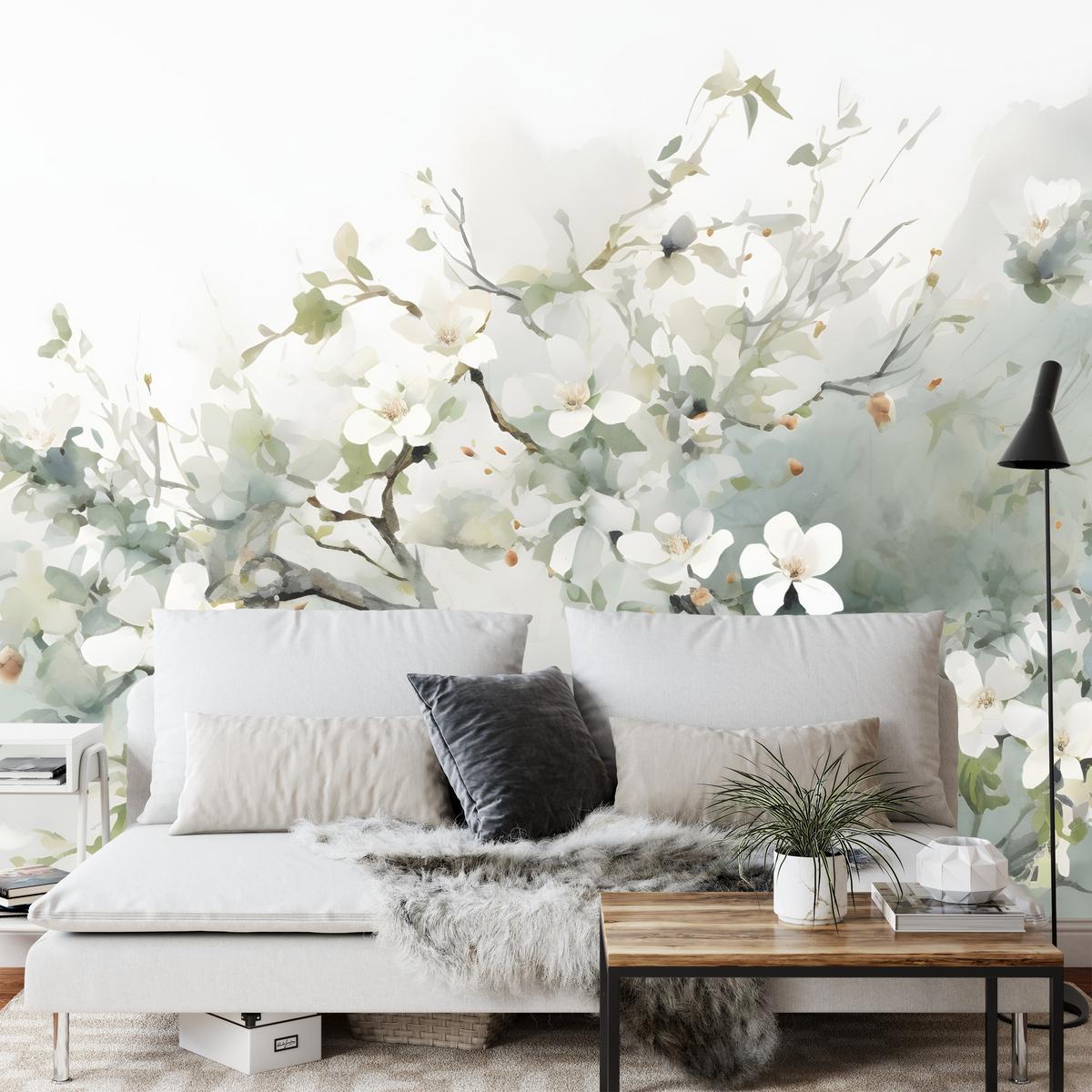 FOTOTAPETE für Wohnzimmer Aquarellbaum Blumen Natur 200x140 - Beige/Weiß, Papier (200/140cm) - Muralo