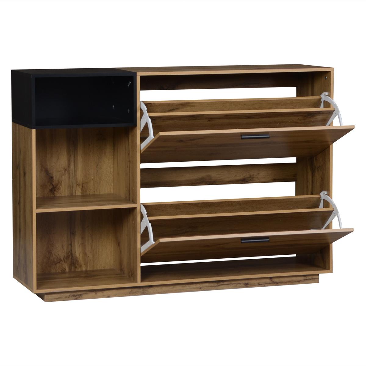 SCHUHESCHRANK mit 3 offene Fächer & 2 Klappfächer Natur+Schwarz - Naturfarben, Holzwerkstoff (120/84.5/32cm) - Urban Meuble