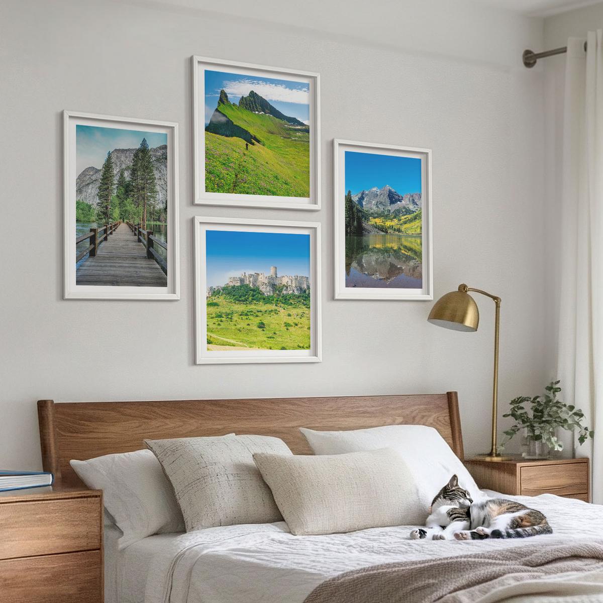 BILDER SET 4er Set - 50x50 cm & 40x60 cm Weißer Rahmen - Grüne Hügel mit einer Burg - Weiß, Kunststoff (50/50cm) - TULUP