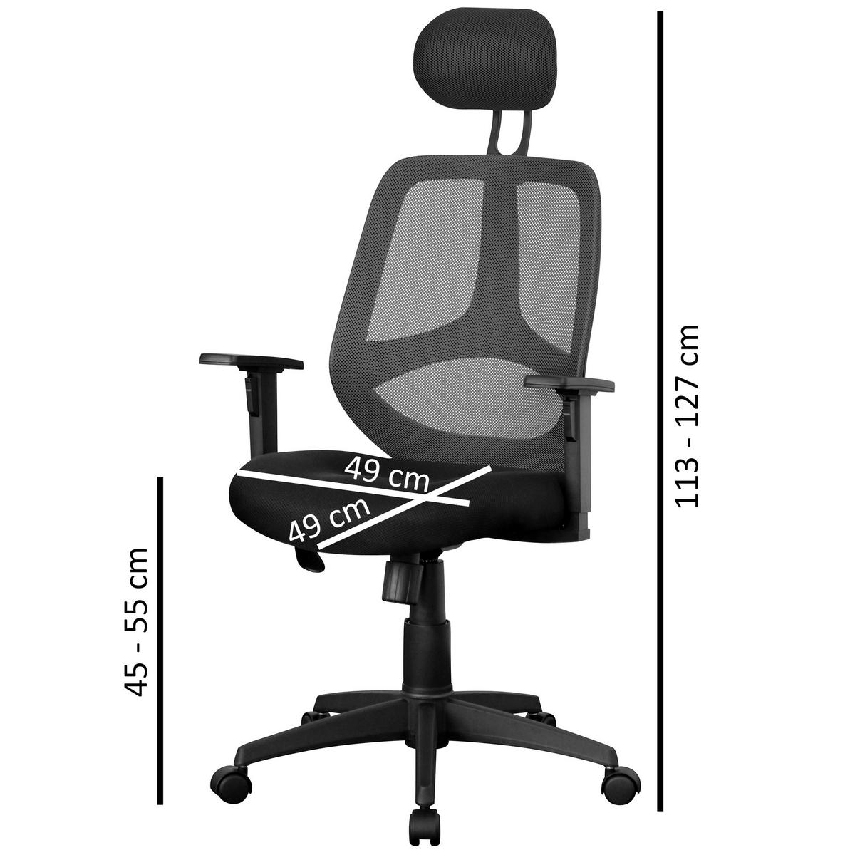BÜROSTUHL Schwarz Stoff drehbar mit Armlehnen, Kopfstütze und 120 kg Belastbarkeit X-XL - Schwarz, Textil (57/127/61cm) - KADIMA DESIGN