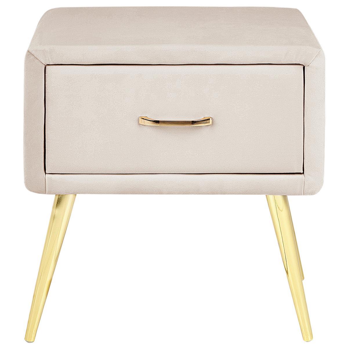 NACHTTISCH Samtstoff beige/gold 1 Schublade 38/46/49 cm Flayat - Beige/Roségold, Textil (46/49/38cm) - Beliani