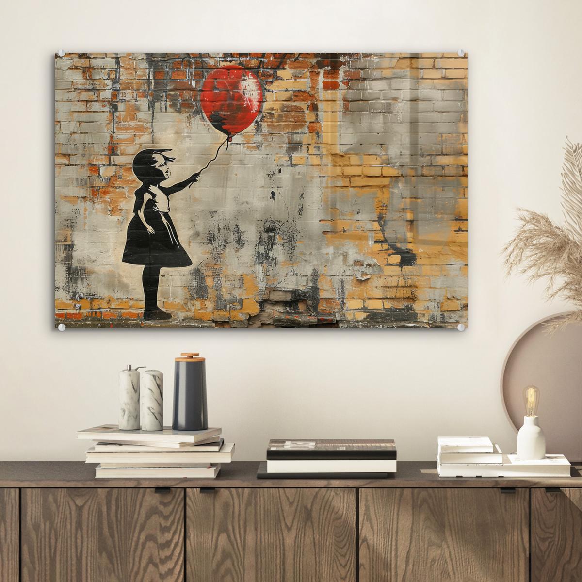 ACRYLGLASBILD Graffiti - Banksy - Mädchen - Straßenkunst Wanddeko 60x40 cm - Sandfarben, Glas (60/40cm) - MuchoWow