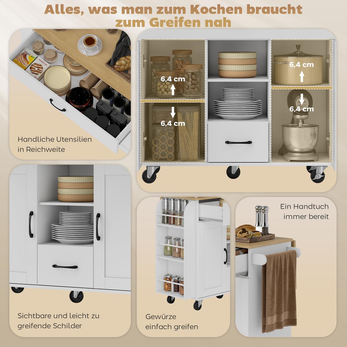 KÜCHENINSEL MDF Kiefernholz Weiß - Schwarz/Weiß, Holzwerkstoff/Metall (70/89/115cm) - HOMCOM