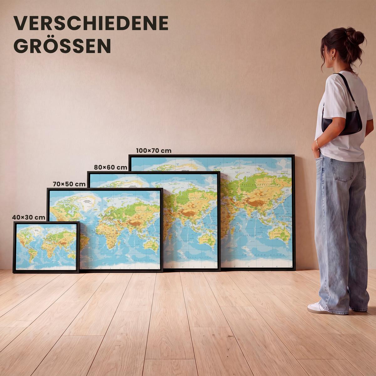 LEINWAND Bilder mit Rahmen - Weltkarte - Statistisch - Blau - Erde - Bildung - 40x30 - Blau, Textil (40/30cm) - MuchoWow