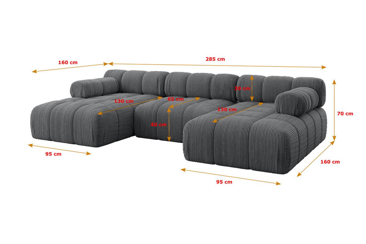 WOHNLANDSCHAFT modulares Sofa Tesso-U1 - 285x160x70 cm Dunkelgrau Cord - Dunkelgrau, Holzwerkstoff/Textil (285/70/160cm) - ALTDECOR