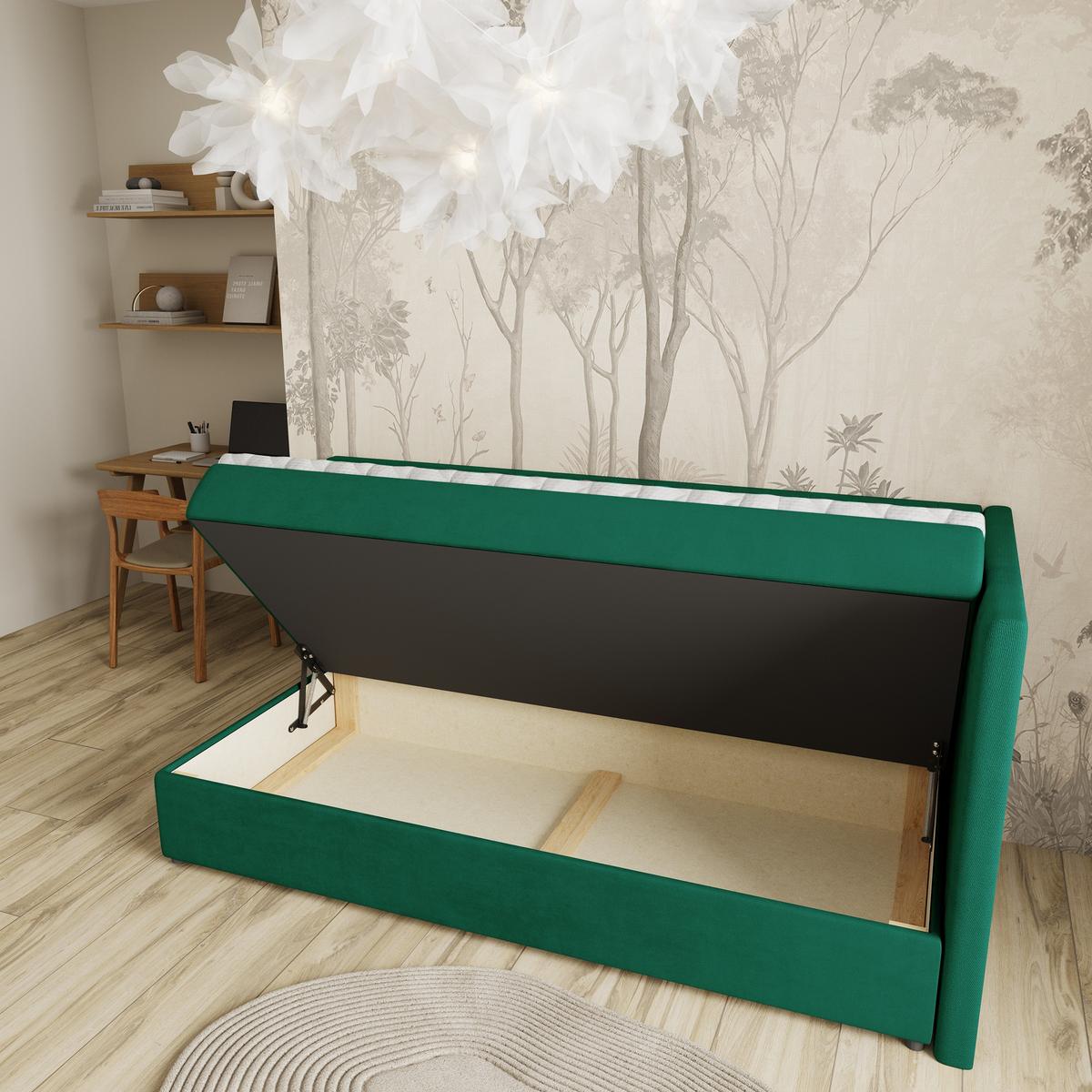BOXBETT ARIS 90x200 cm mit Matratze und Topper, H2+H3 - Grün - Grün, Holz (90/200cm) - MASSENO