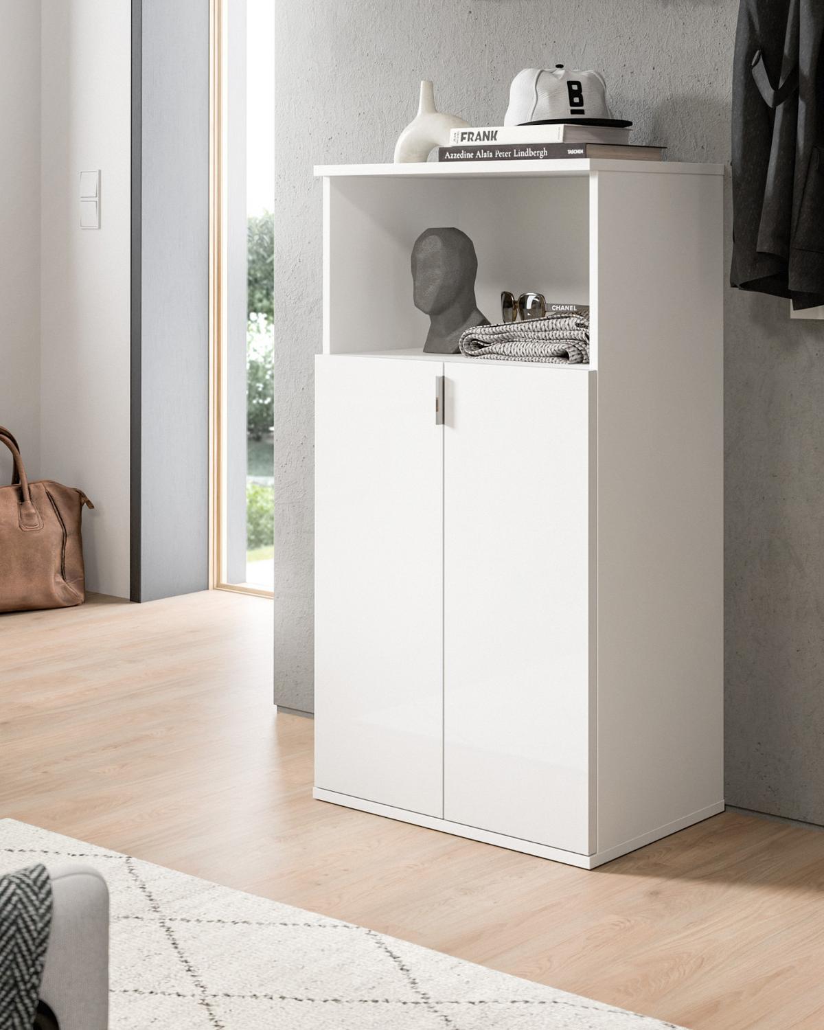 KOMMODE weiß Hochglanz 61 x 110 cm, Mehrzweckkommode mit 5 Fächern - Chromfarben/Weiß Hochglanz, Holzwerkstoff/Kunststoff (61/110/37cm) - Inn.Furn