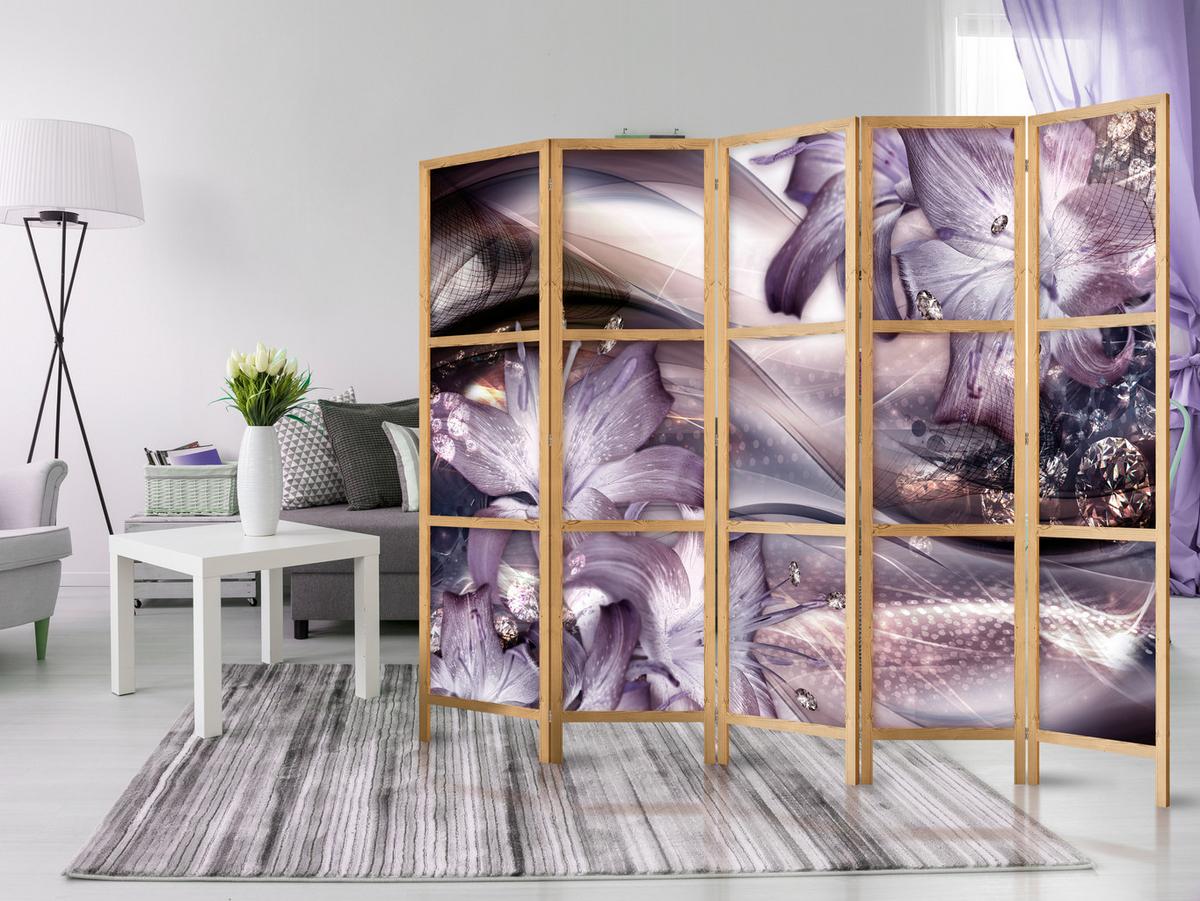 PARAVENT Japanischer 5-tlg 225x172 cm Lilien abstrakte Muster - Lila, Holz/Textil (225/172/3cm) - Muralo