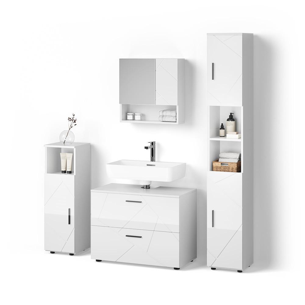 BADMÖBEL-SET Ronco Weiß Hochglanz 4 Teile, mit Schubladenschrank und Hochschrank - Weiß Hochglanz, Holzwerkstoff (80/58/41cm) - Livinity®