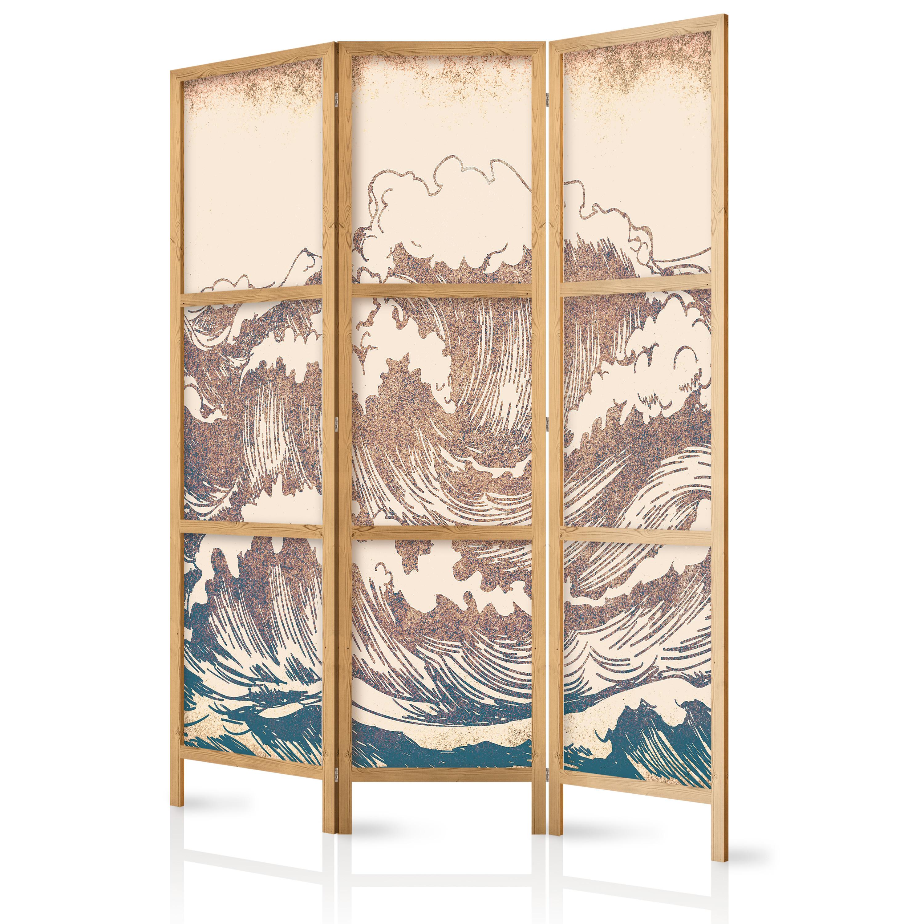 PARAVENT Japanischer 3-tlg 135x172 cm Vintage Wellen - Beige, Holz/Textil (135/172/3cm) - Muralo