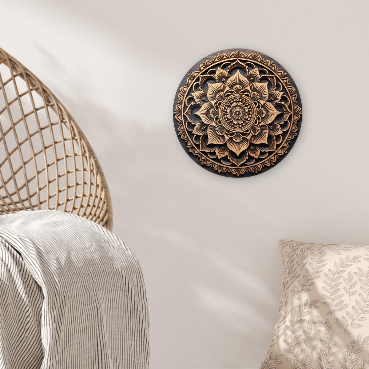 WANDBILD Mandala - Holz - Blumen - Braun Deko Wohnzimmer 30x30 cm - Gelb, Kunststoff (30/30cm) - MuchoWow