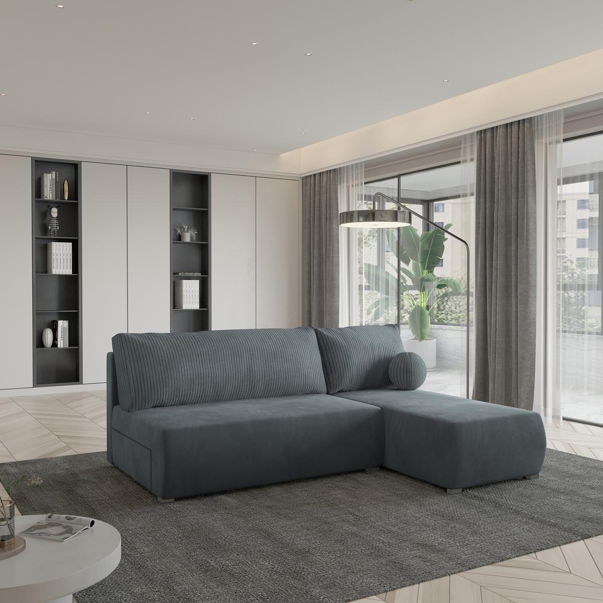 ECKSOFA PARVELO Grau Plüsch-Stoff mit Schlaffunktion - Grau, Holz (200/143cm) - MASSENO