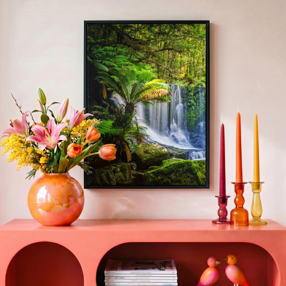 LEINWAND Bilder mit Rahmen - Dschungel - Wasserfall - Australien - Pflanzen - Natur - 30x40 - Dunkelgrün, Textil (30/40cm) - MuchoWow