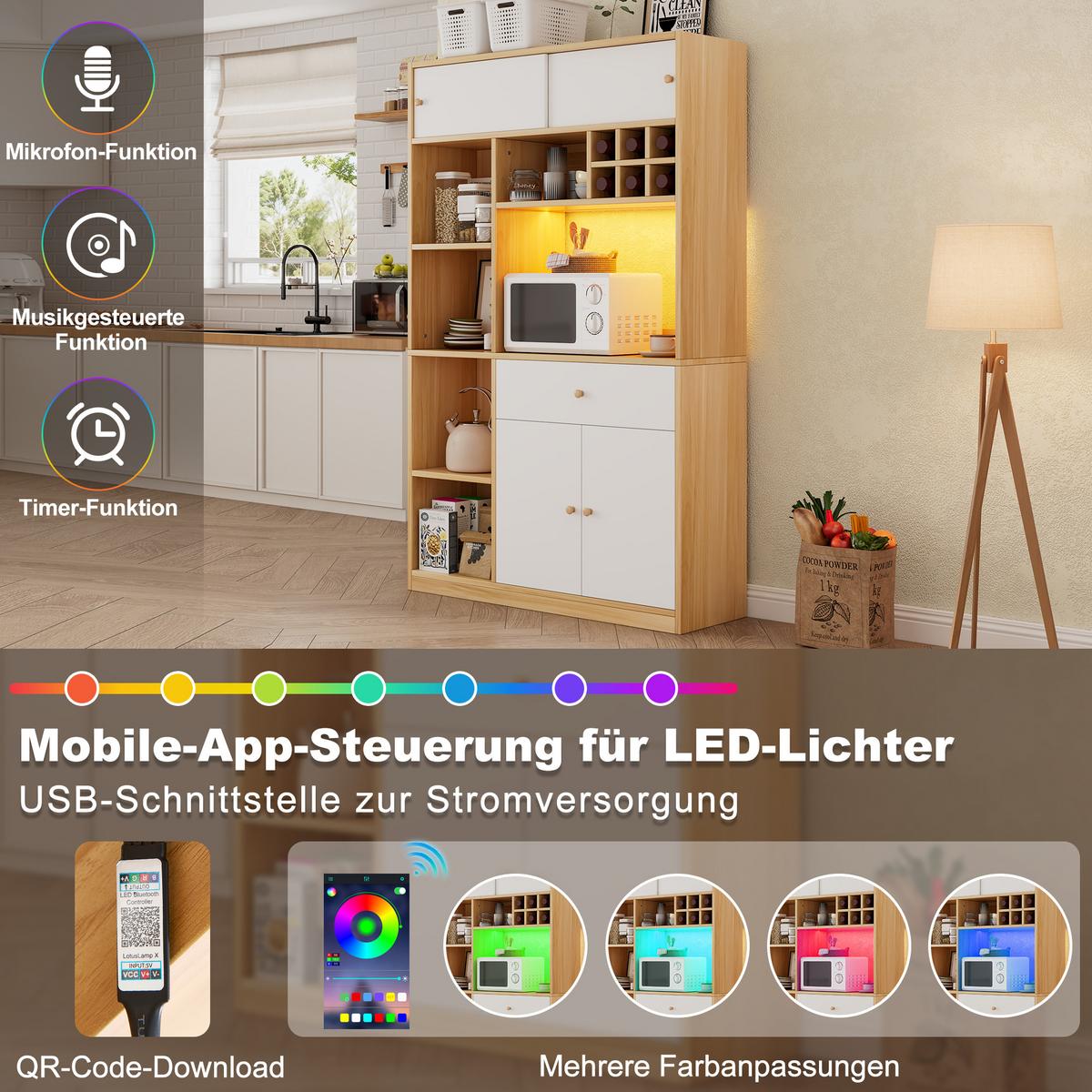 HIGHBOARD mit LED Mikrowellenfach & 3 Türen - Eichefarben, Holzwerkstoff (115/180/35cm) - Urban Meuble