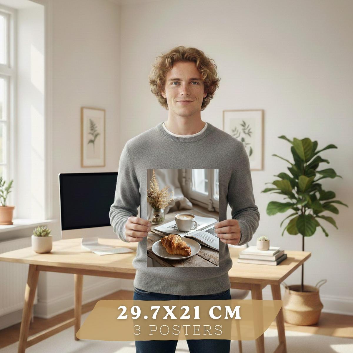 POSTER 3er Set Kaffee und Frühstück Wandbilder Croissant Honig und Tee Gemütlich Nordisch Küche Deko Leichter Holzrahmen A4 - Beige, Papier (29.7/1/21cm) - Nacnic