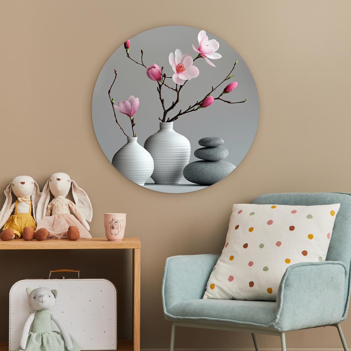 WANDBILD Magnolie - Blumen - Rosa - Zen-Steine Wanddeko Schlafzimmer 60x60 cm - Hellgrau, Kunststoff (60/60cm) - MuchoWow
