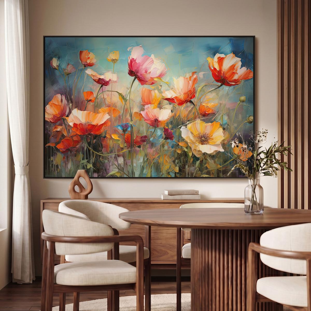 LEINWAND Bilder mit Rahmen - Blumen - Aquarell - Kunst - Botanisch - Natur - 140x90 - Orange, Textil (140/90cm) - MuchoWow