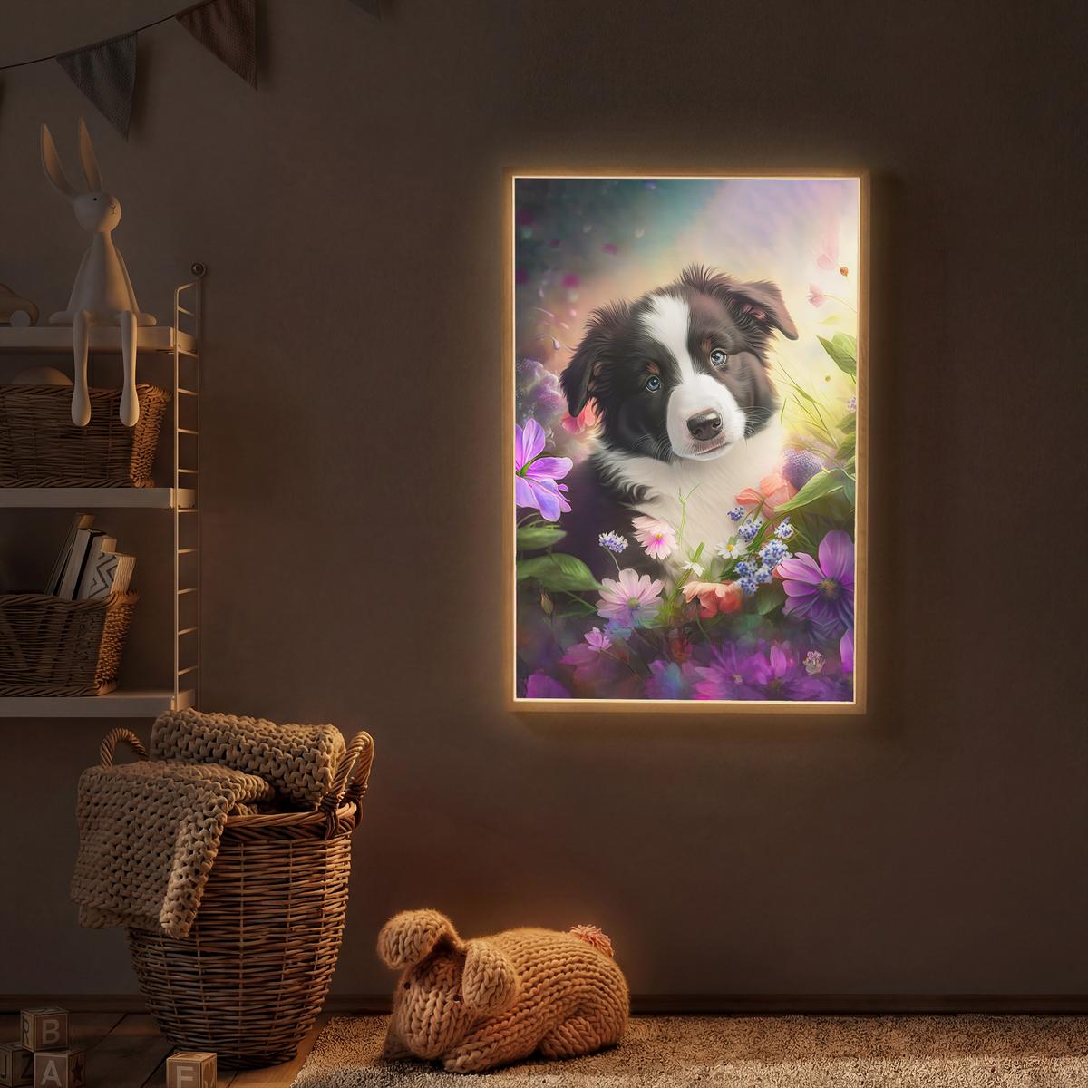 WANDLEUCHTE MIT AKKU Welpe - Sonne - Blumen - Natur - Border Collie - Hund 60x90 cm - Violett, Holzwerkstoff (60/90/8cm) - OnlyWow