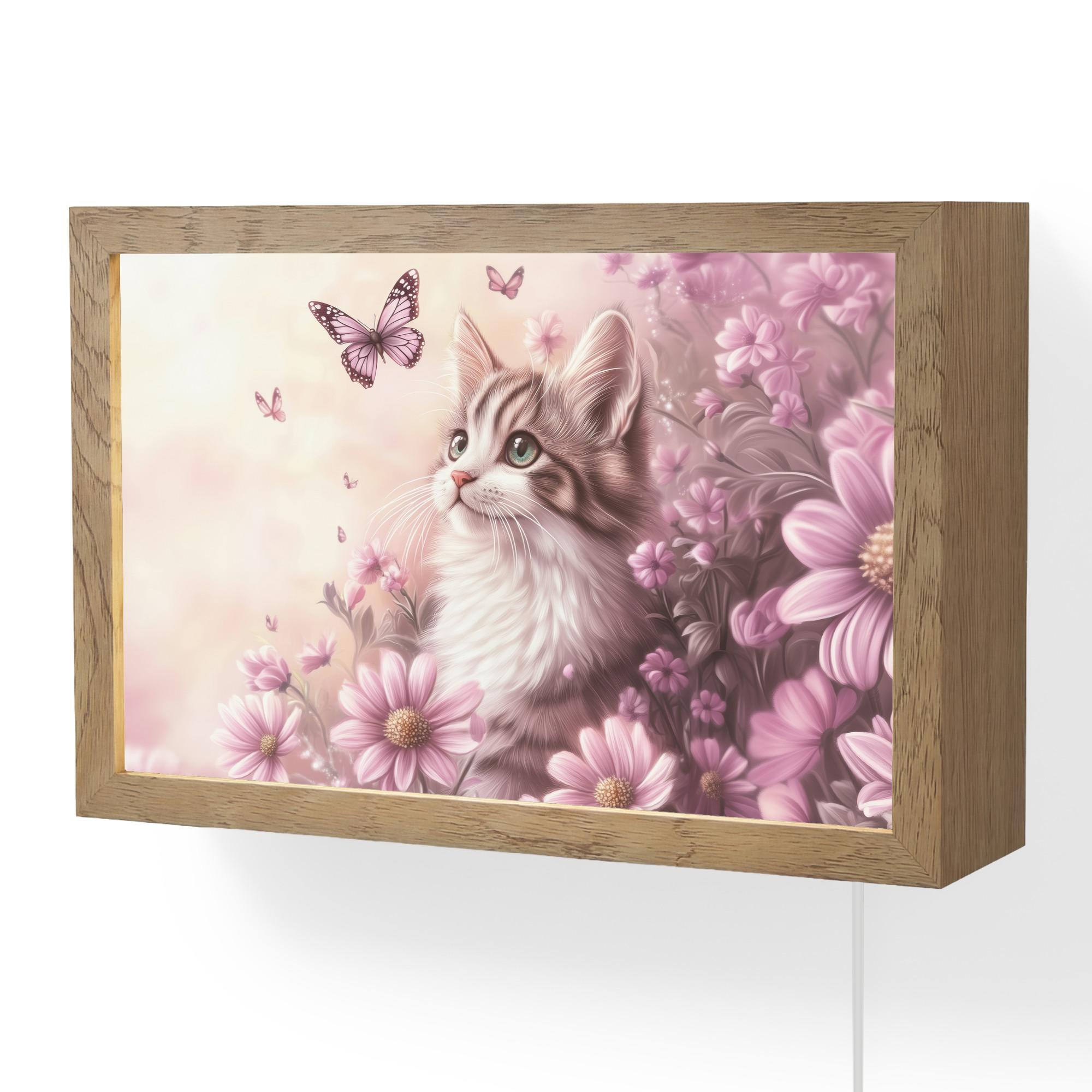 WANDLEUCHTE Kätzchen - Blumen - Schmetterlinge - Lila 30x20 cm - Altrosa, Holzwerkstoff (30/20/8cm) - OnlyWow