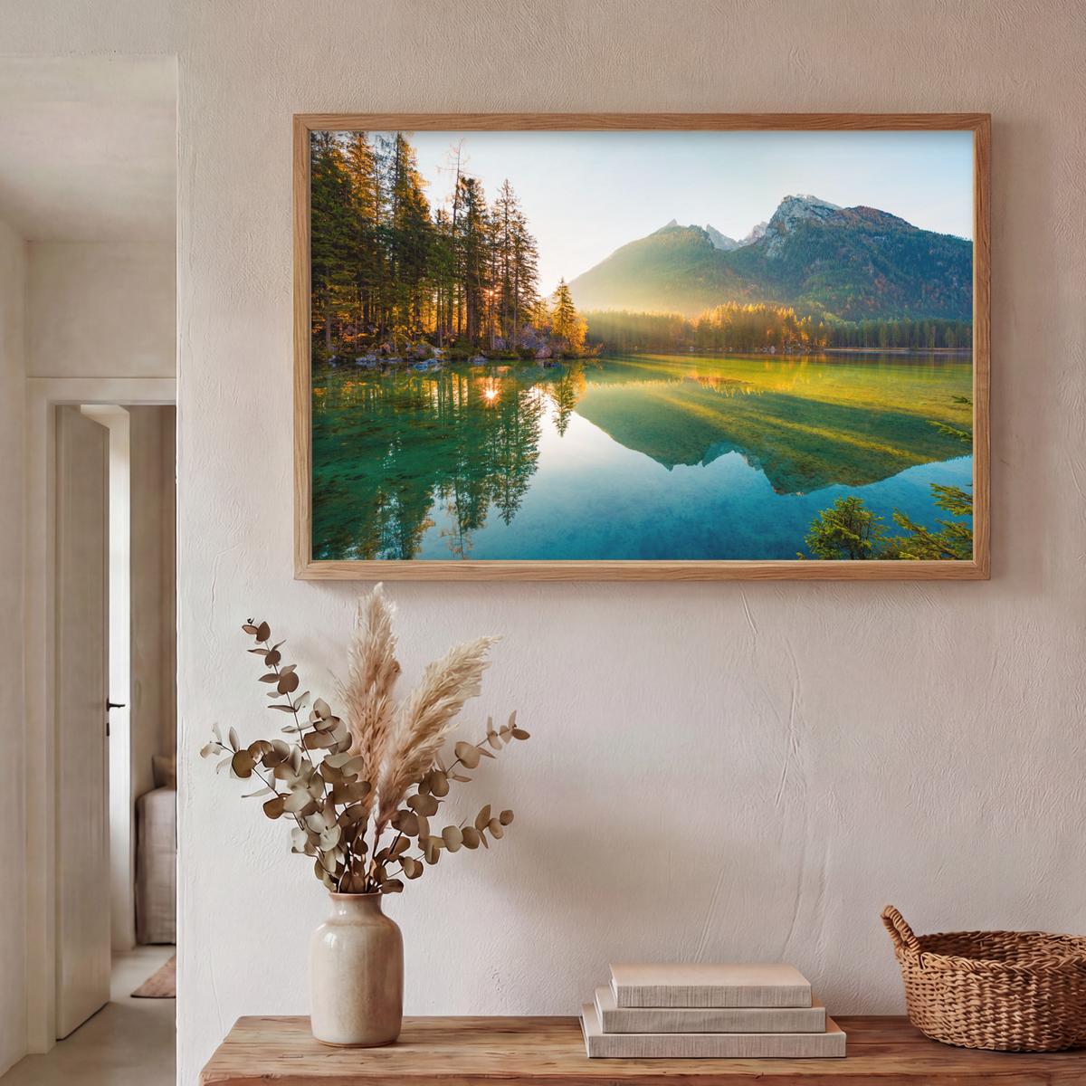 WANDLEUCHTE MIT AKKU See - Wald - Berge - Natur - Sonne - Landschaft 100x70 cm - Grün, Holzwerkstoff (100/70/8cm) - OnlyWow