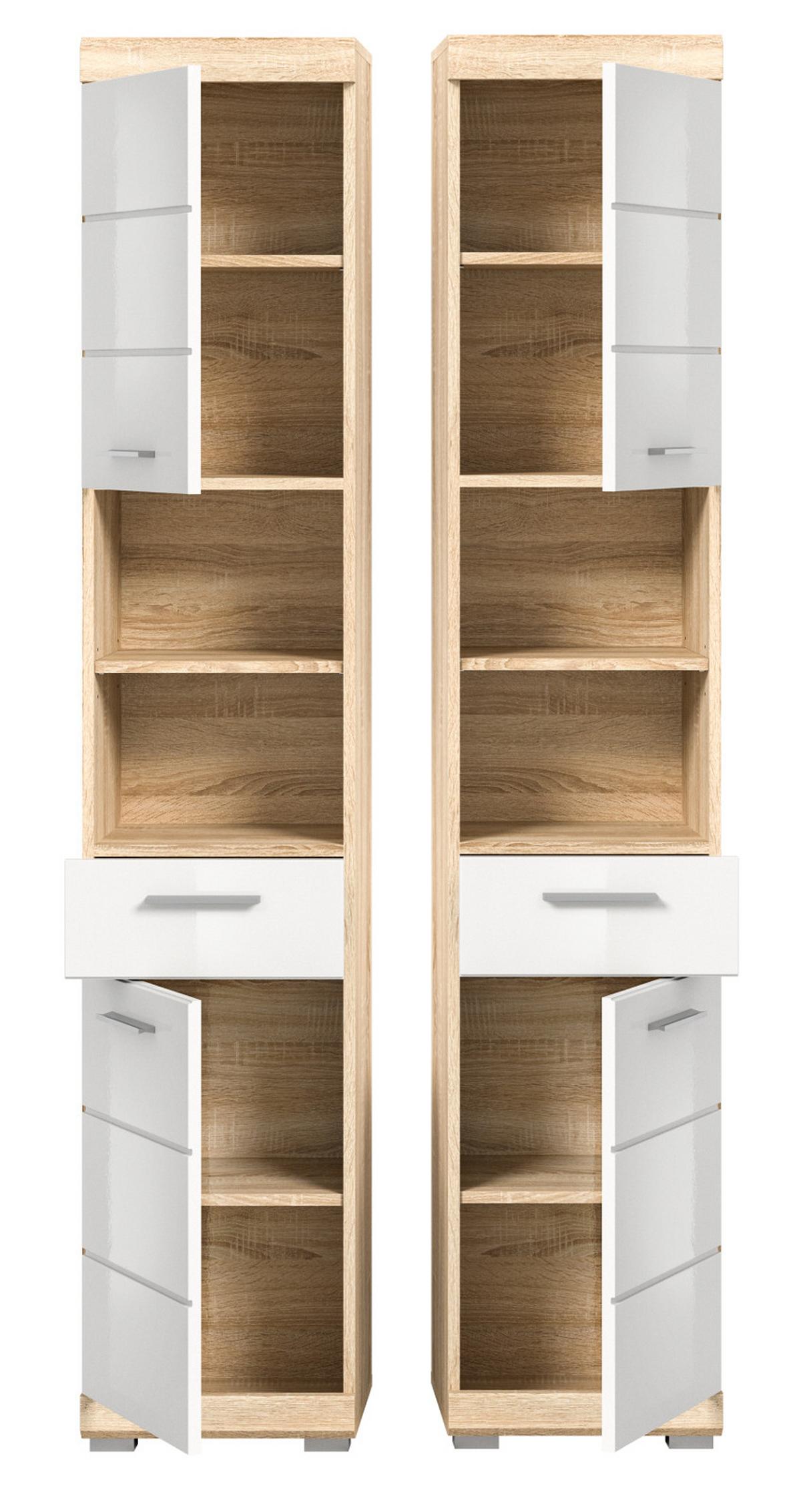 HOCHSCHRANK weiß Hochglanz, Eiche 37 cm, Badschrank mit 6 Fächern - Weiß Hochglanz/Eichefarben, Holzwerkstoff/Kunststoff (37/191/31cm) - Inn.Furn