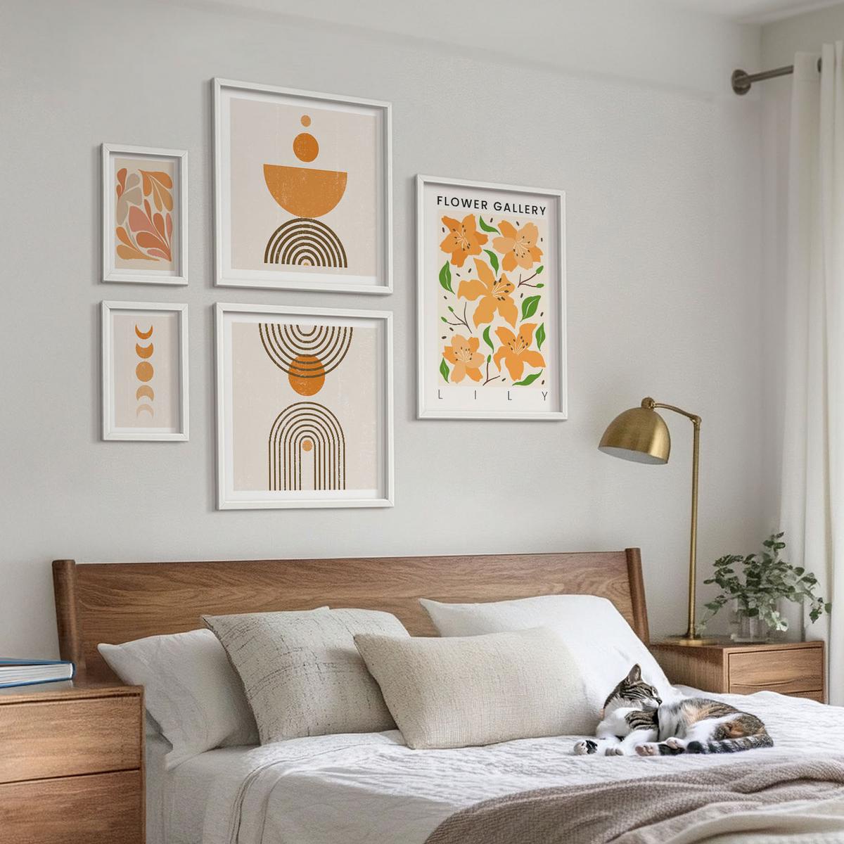 BILDER SET 5er Set - 50x50 cm & 20x30 cm & 40x60 cm Weißer Rahmen - Abstrakte orange Formen - Weiß, Kunststoff (40/60cm) - TULUP