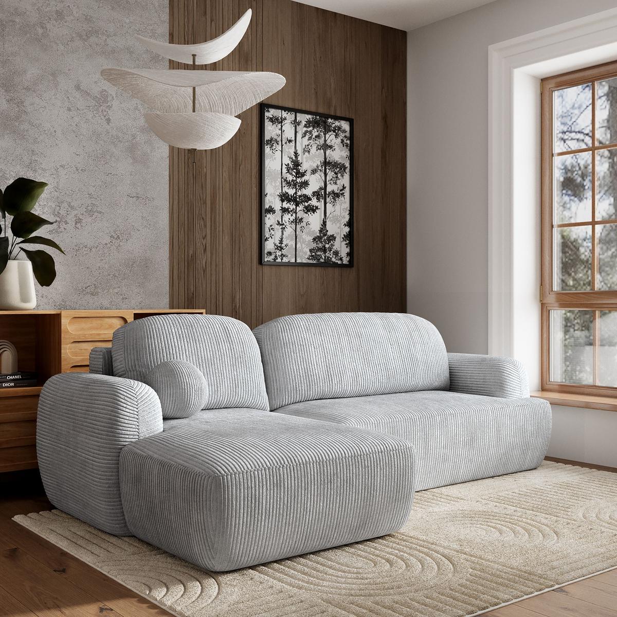 ECKSOFA MODENZA P L-S Hellgrau Kordstoff mit Schlaffunktion - Hellgrau/Schwarz, Holz/Kunststoff (266/148cm) - MASSENO