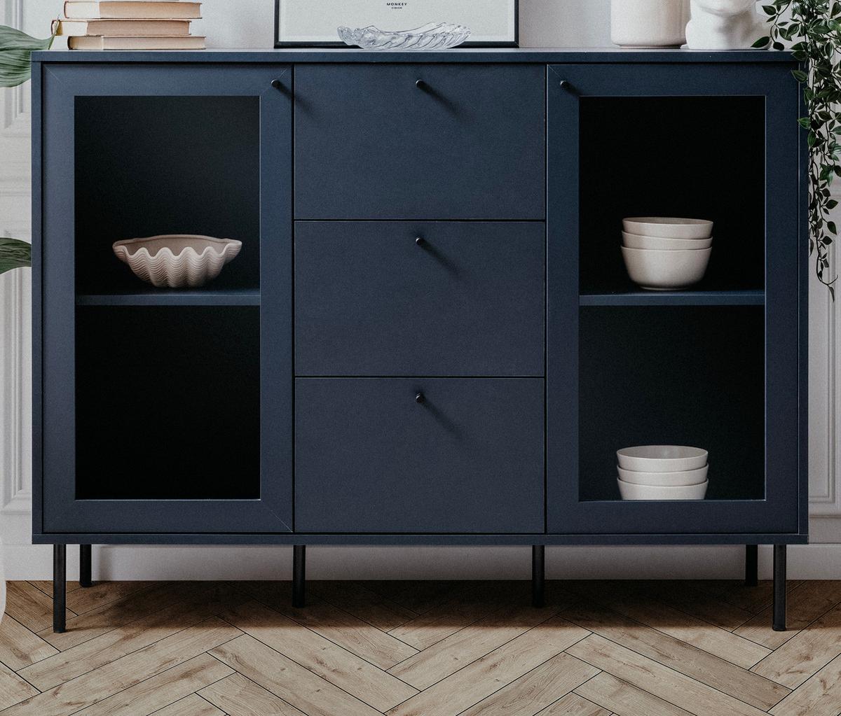 KOMMODE blau 120 cm, Anrichte mit 4 Vitrinenfächern - Blau/Schwarz, Glas/Holzwerkstoff (120/90/40cm) - Furn.Design