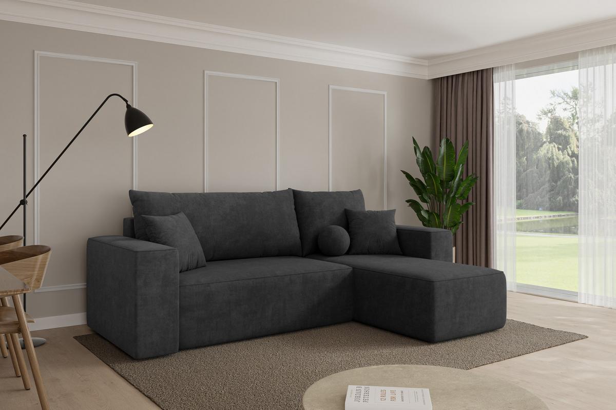 ECKSOFA mit Schlaffunktion Ottomane Rechts SENO-L 249x139x85 Dunkelgrau Velours - Anthrazit/Schwarz, Holzwerkstoff/Kunststoff (249/139cm) - ALTDECOR