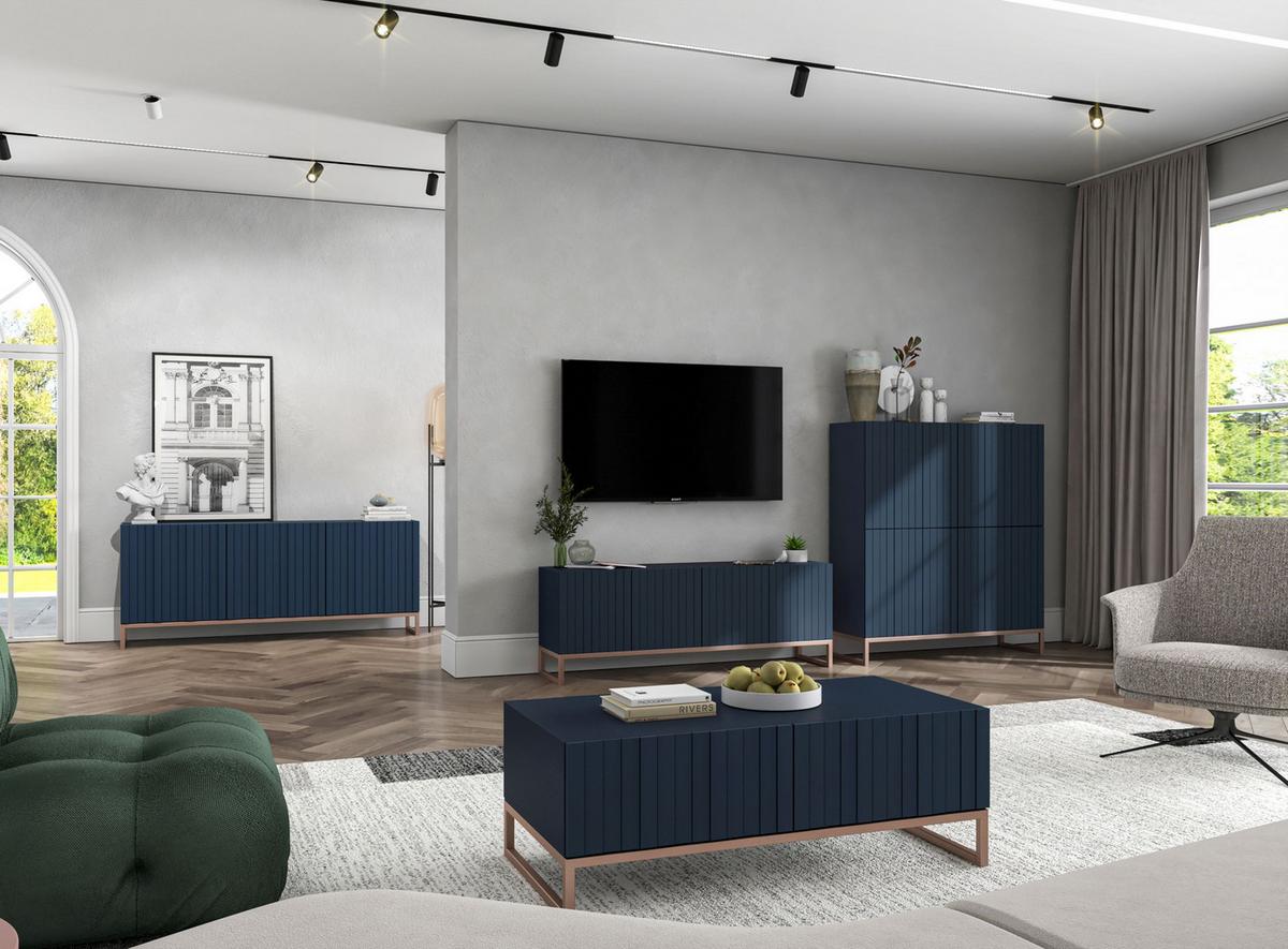 KOMMODE Elpis 4D Marineblau Matt Glamour 112 cm - Blau/Kupferfarben, Holzwerkstoff/Metall (112/126/36.5cm) - Meble Lindner
