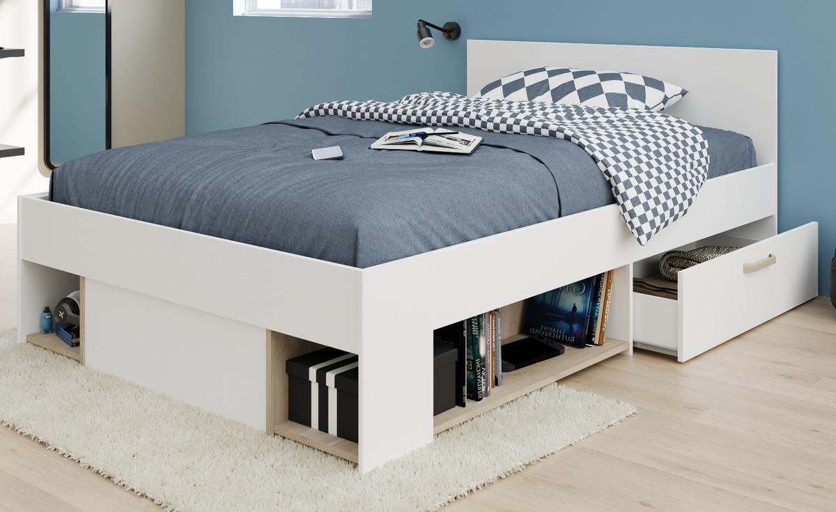 STAURAUMBETT weiß, Eiche Liegefläche 120 x 200 cm, Bett inklusive Bettschubkasten - Eichefarben/Weiß, Holzwerkstoff/Metall (120/200cm) - Parisot Meuble