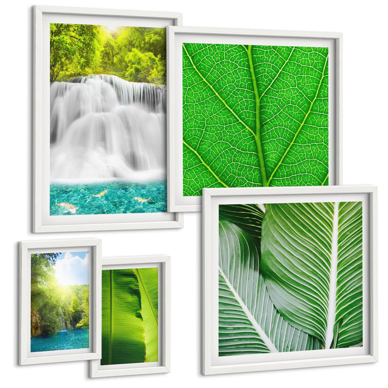 BILDER SET 5er Set - 50x50 cm & 20x30 cm & 40x60 cm Weißer Rahmen - Nahaufnahme von tropischen Blättern - Weiß, Kunststoff (40/60cm) - TULUP