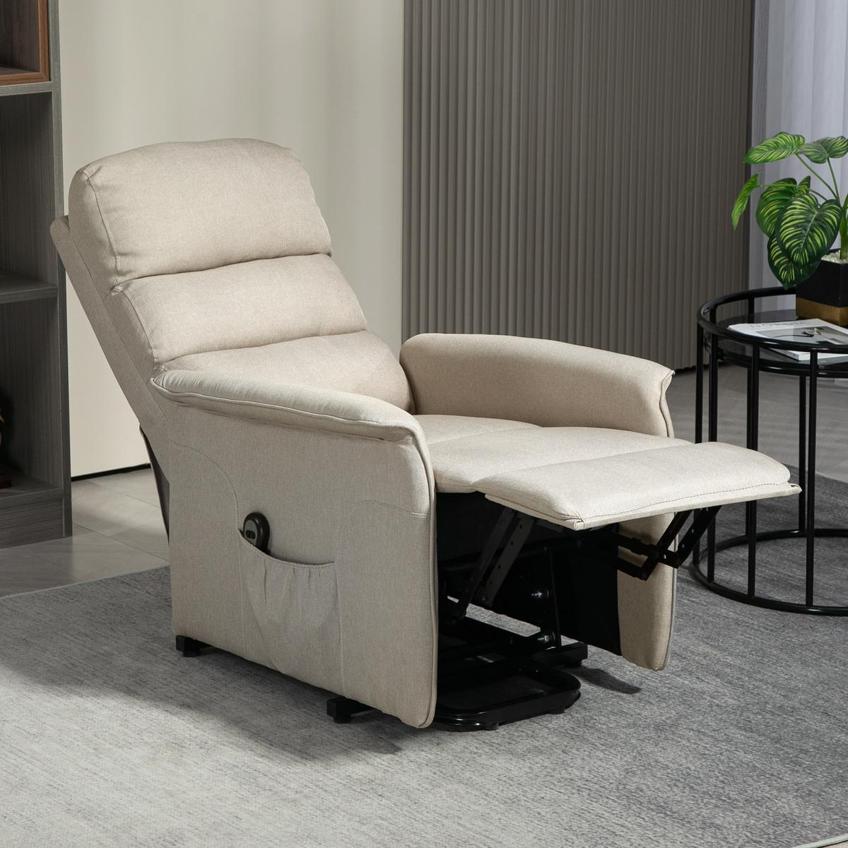 FERNSEHSESSEL mit Aufstehhilfe Elektrisch, Relaxsessel mit Liegefunktion Beige - Beige/Schwarz, Textil/Metall (90/96/66cm) - HOMCOM