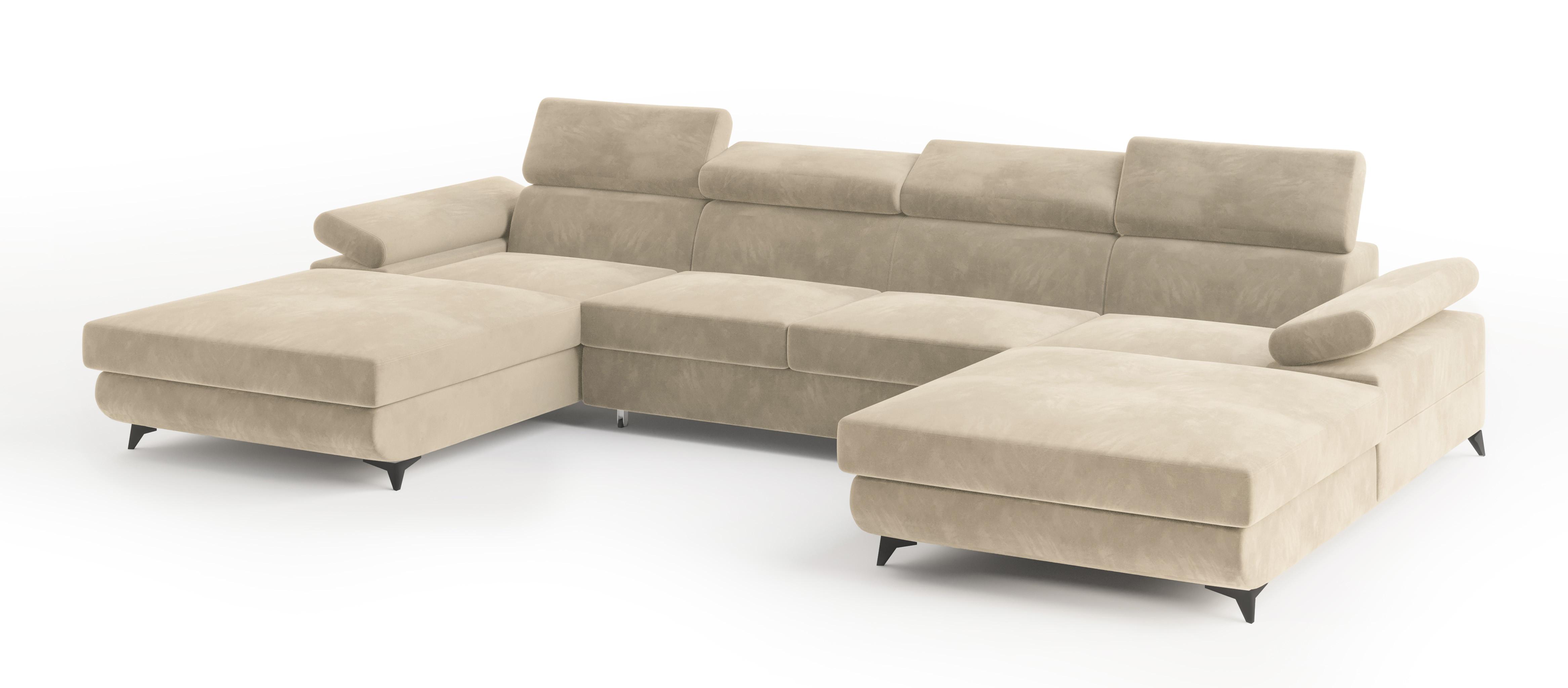 WOHNLANDSCHAFT DETTI Creme Velours-Stoff mit Schlaffunktion - Creme, Holz (339/89/190cm) - MASSENO
