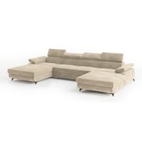 WOHNLANDSCHAFT DETTI Creme Velours-Stoff mit Schlaffunktion - Creme, Holz (339/89/190cm) - MASSENO
