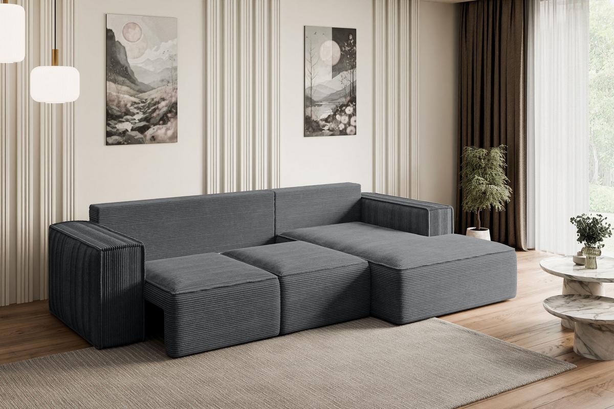 ECKSOFA mit Schlaffunktion und Bettkasten SERRA-L-S - 266x161x87 cm Duneklgrau Cord - Dunkelgrau/Schwarz, Holzwerkstoff/Kunststoff (266/161cm) - ALTDECOR