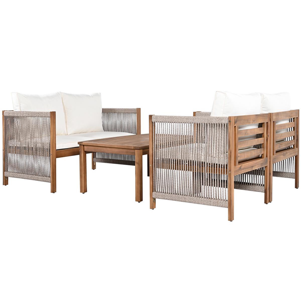 LOUNGEGARNITUR 4-tlg. Akazie & Seil Beige Gartensofa mit Tisch, 2 Sesseln & Kissen - Beige, Textil - Urban Meuble