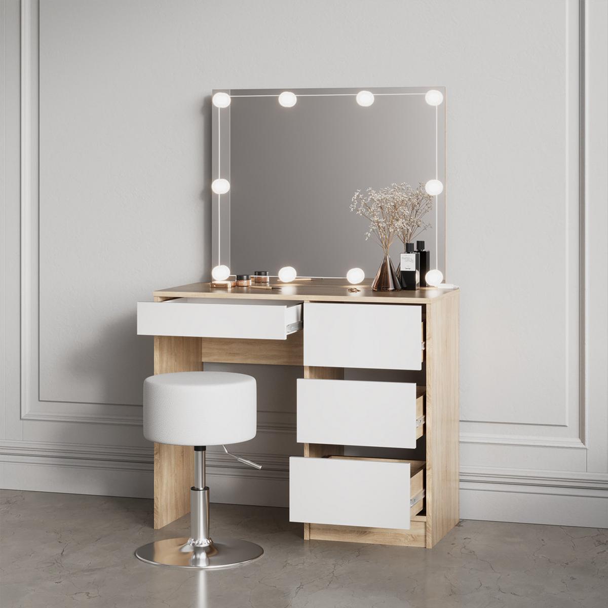 SCHMINKTISCH Imola Sonoma mit LED Beleuchtung und Hocker - Sonoma Eiche, Holzwerkstoff (90/75/40cm) - Livinity®