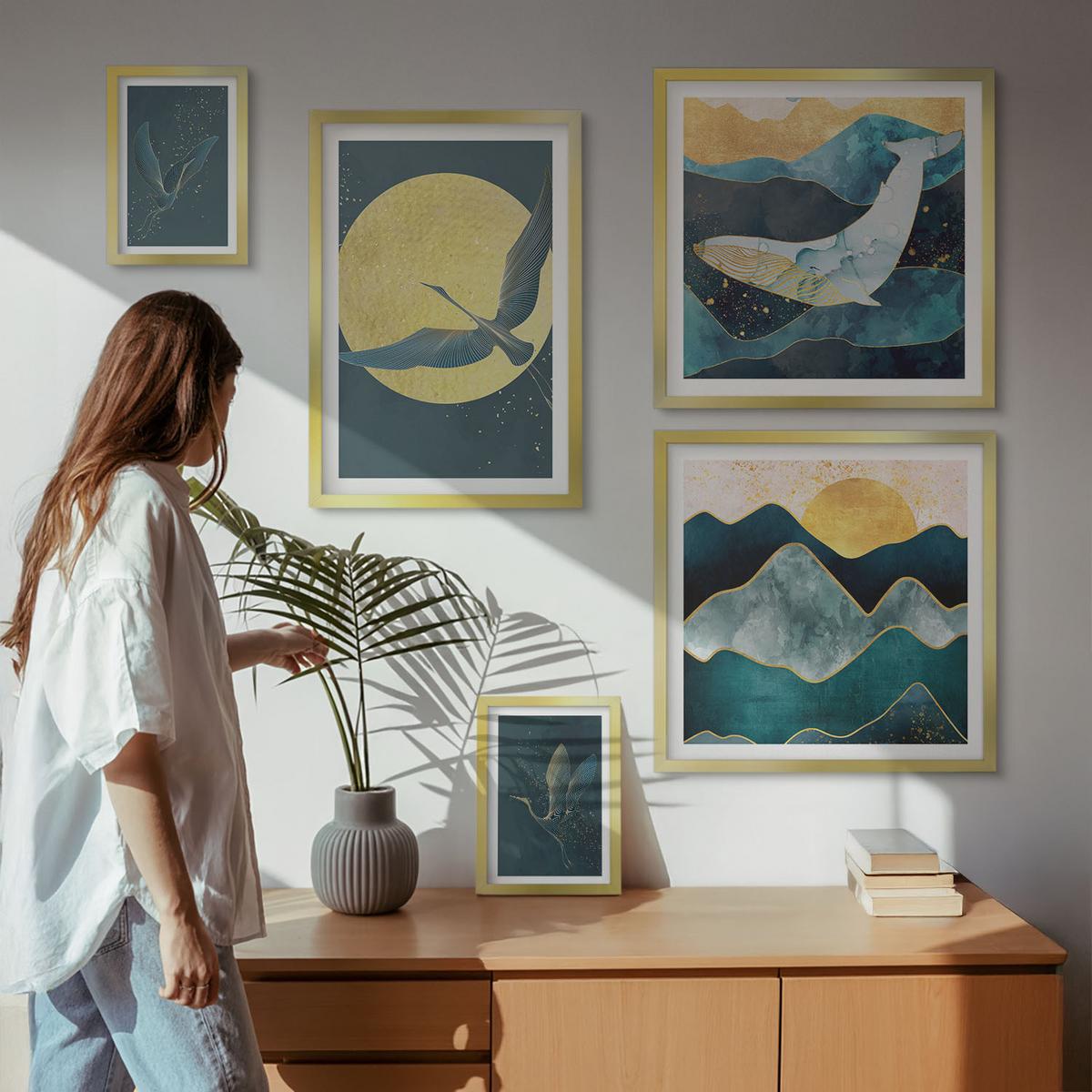 BILDER SET 5er Set - 50x50 cm & 20x30 cm & 40x60 cm Goldrahmen - Vögel, Kraniche, Mond, Berge - Goldfarben, Kunststoff (40/60cm) - TULUP