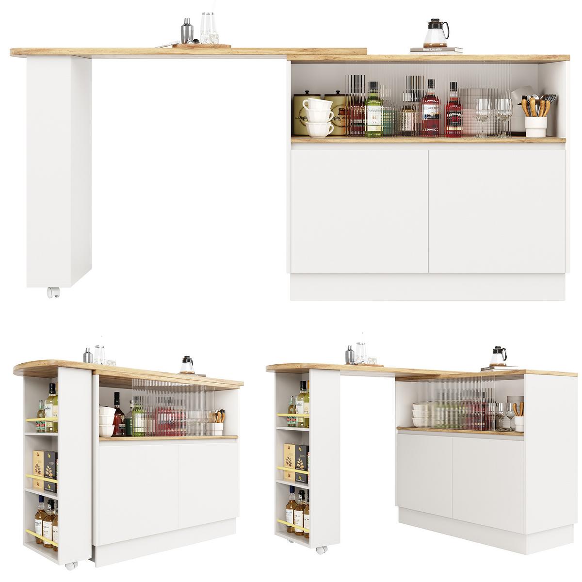 BARSCHRANK 360° drehbar & schwarz mit glastüren & flexiblem bartisch - Weiß, Holzwerkstoff (90/100/45cm) - Urban Meuble