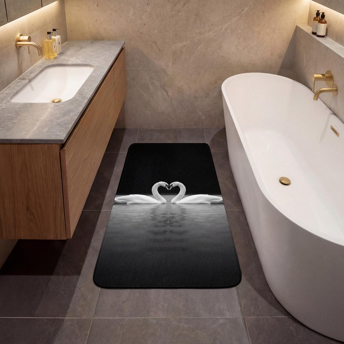 BADEMATTE Schwäne - Herz - Schwarz - Weiß 60x120 cm - Schwarz, Textil (60/120cm) - OnlyWow