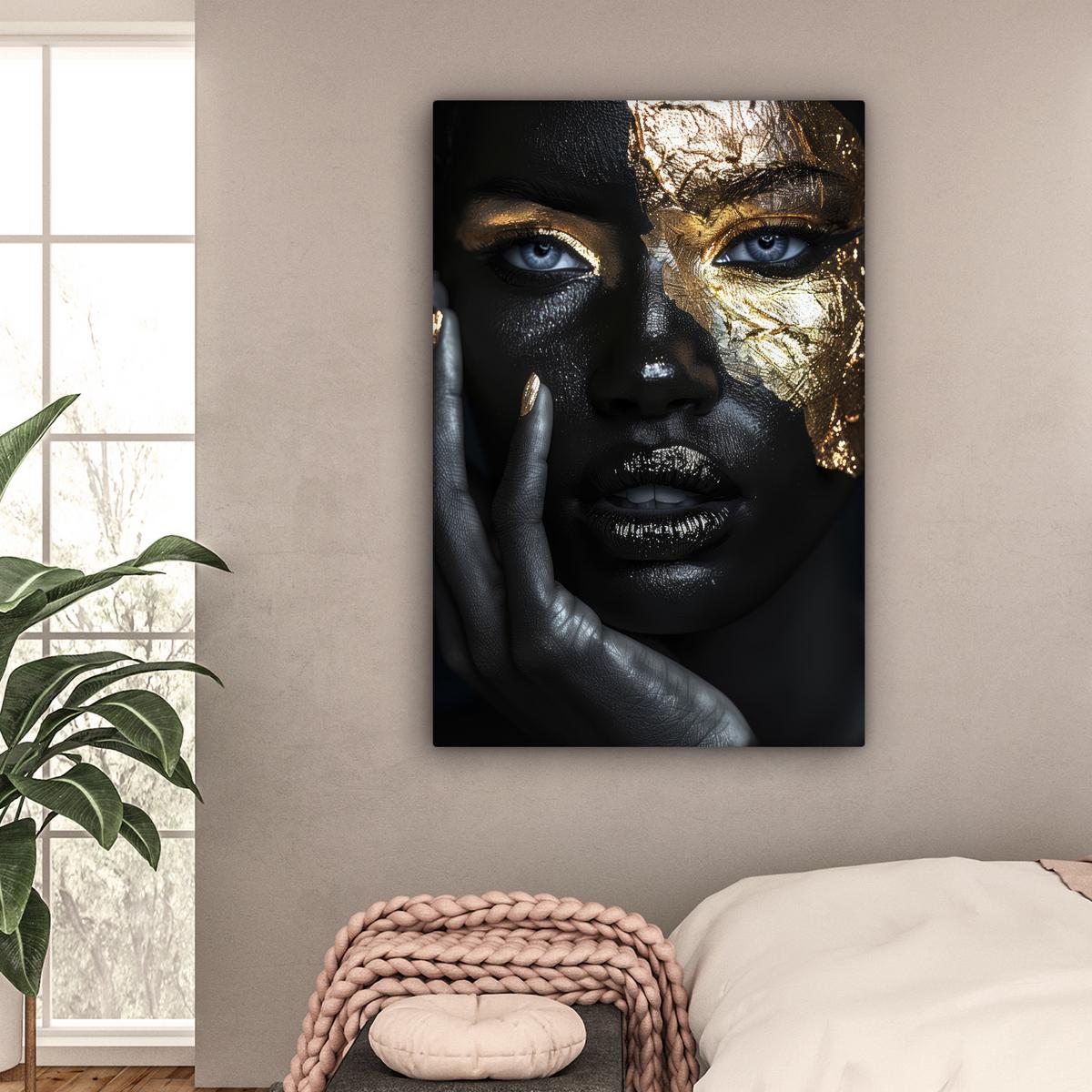 LEINWANDBILD Frau - Gold - Porträt - Schwarz-Weiß - Luxus Deko Groß 90x140 cm - Hellblau, Textil (90/140cm) - MuchoWow