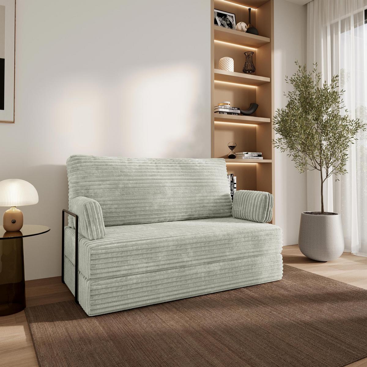 BETTSOFA LADIA aus Schaumstoff Kordstoff Hellgrau Schlaffunktion - Hellgrau, Textil (140/86/60cm) - MASSENO