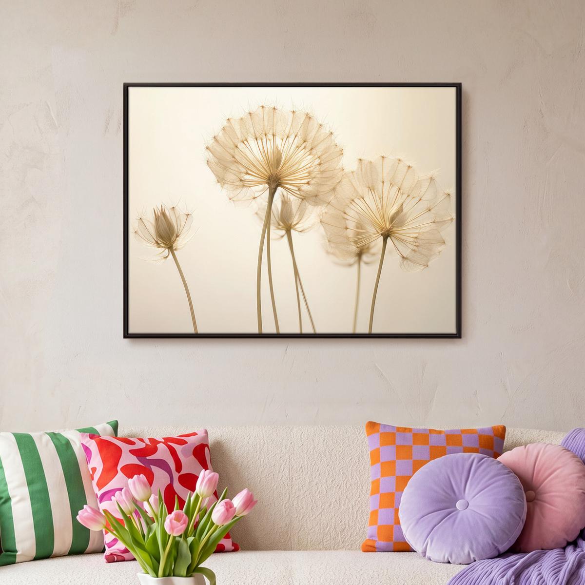 LEINWAND Bilder mit Rahmen - Sonnenlicht - Löwenzahn - Botanisch - Blumen - 70x50 - Creme, Textil (70/50cm) - MuchoWow