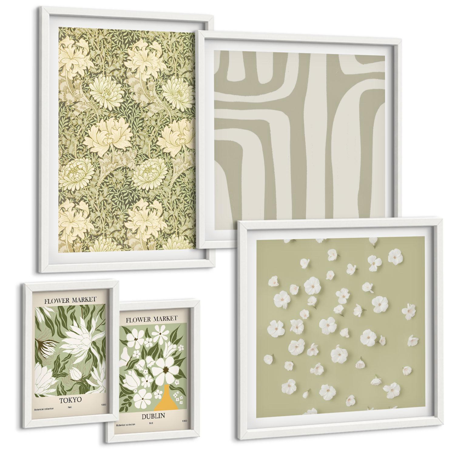 BILDER SET 5er Set - 50x50 cm & 20x30 cm & 40x60 cm Weißer Rahmen - Boho-Pflanzenkompositionen in Pastellfarben - Weiß, Kunststoff (40/60cm) - TULUP
